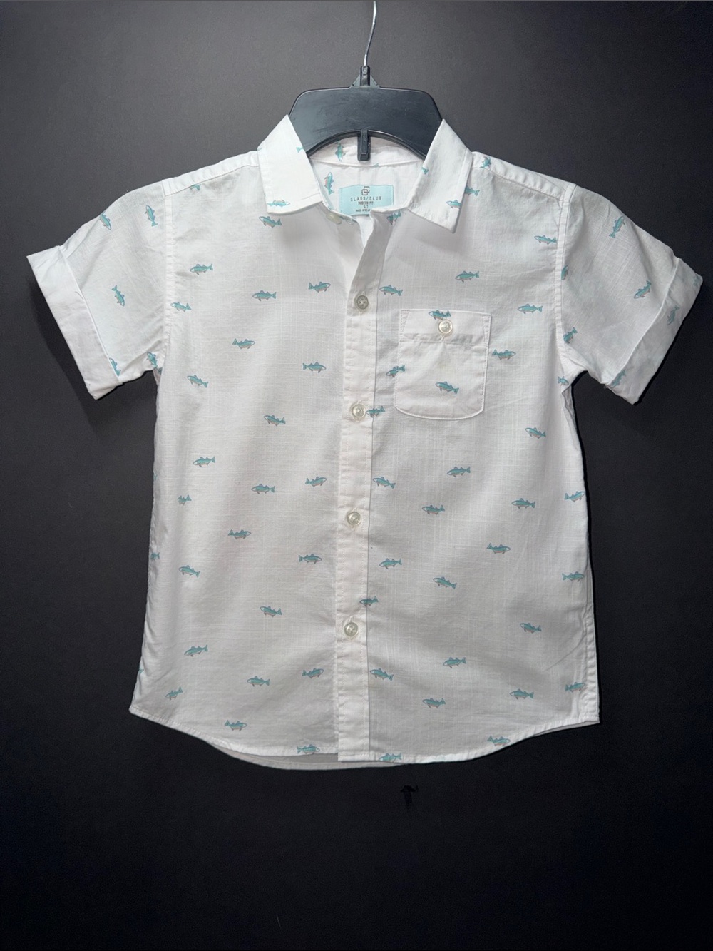 White Short-Sleeve Button-Down Shirt with Teal Fish Print - Kids